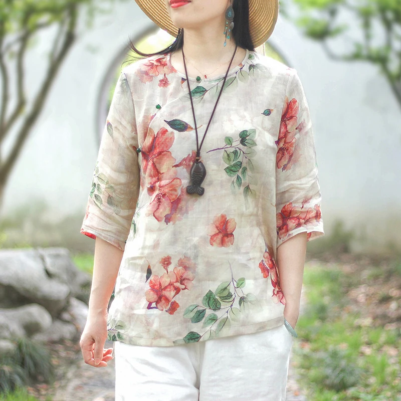 Women Summer Printed Shirt Round Neck Cotton And Linen Vintage Floral Half Sleeve Casual Loose Thin T-shirt Elegant Lady Shirt
Women Summer Printed Shirt Round Neck Cotton And Linen Vintage Floral Half Sleeve Casual Loose Thin T-shirt Elegant Lady Shirt