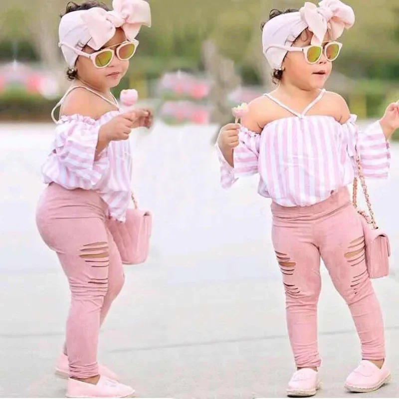 Summer Kids Clothes Sets Baby Girls Striped Off Shoulder Long Sleeve Top + Ripped Pants + Bow Headband Toddler Casual Clothing
Summer Kids Clothes Sets Baby Girls Striped Off Shoulder Long Sleeve Top + Ripped Pants + Bow Headband Toddler Casual Clothing