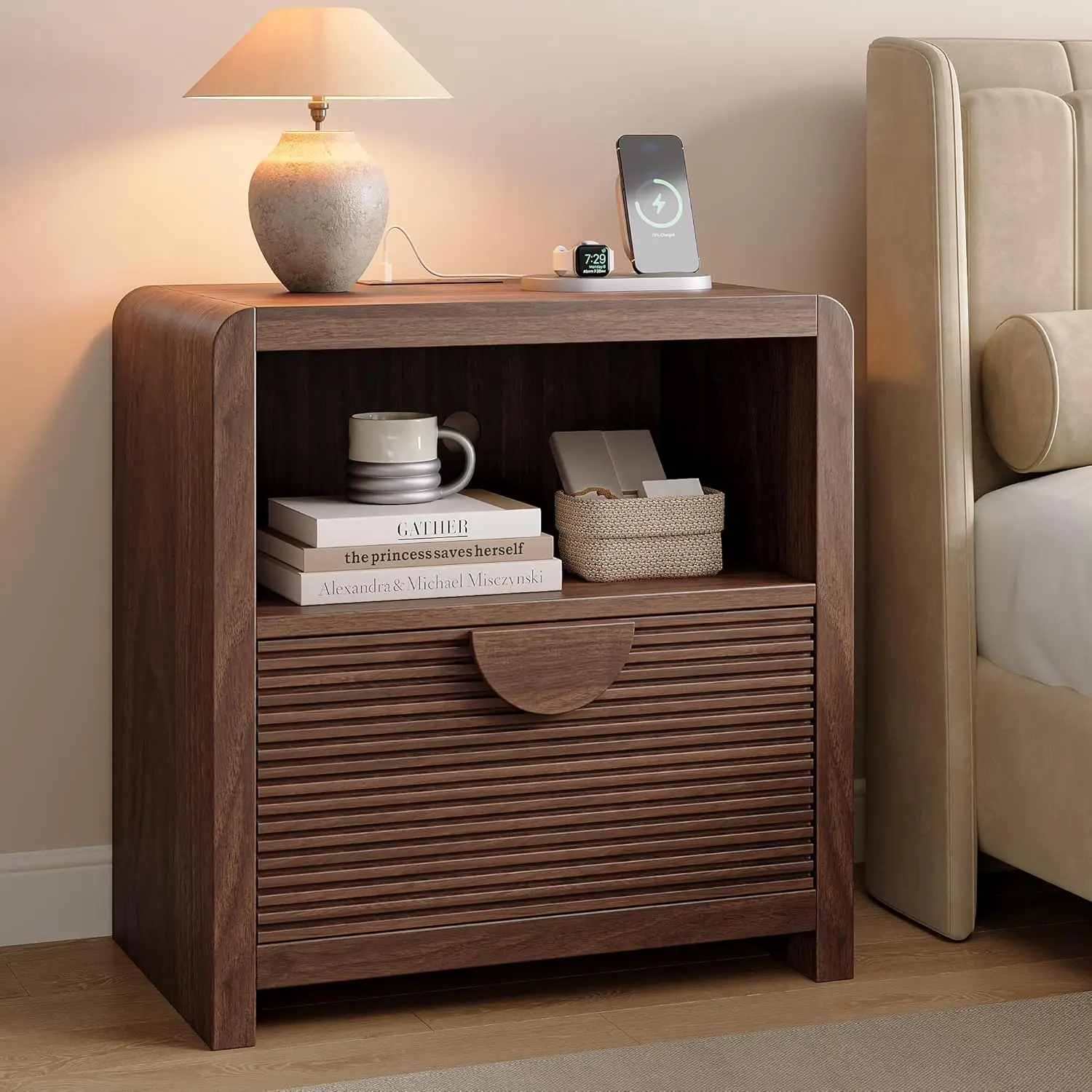 Fluted Nightstand with Charging Station, 23" Wide Wood Bedside Table with Drawer and Open Compartment, Mid Century, Customized
Fluted Nightstand with Charging Station, 23" Wide Wood Bedside Table with Drawer and Open Compartment, Mid Century, Customized
