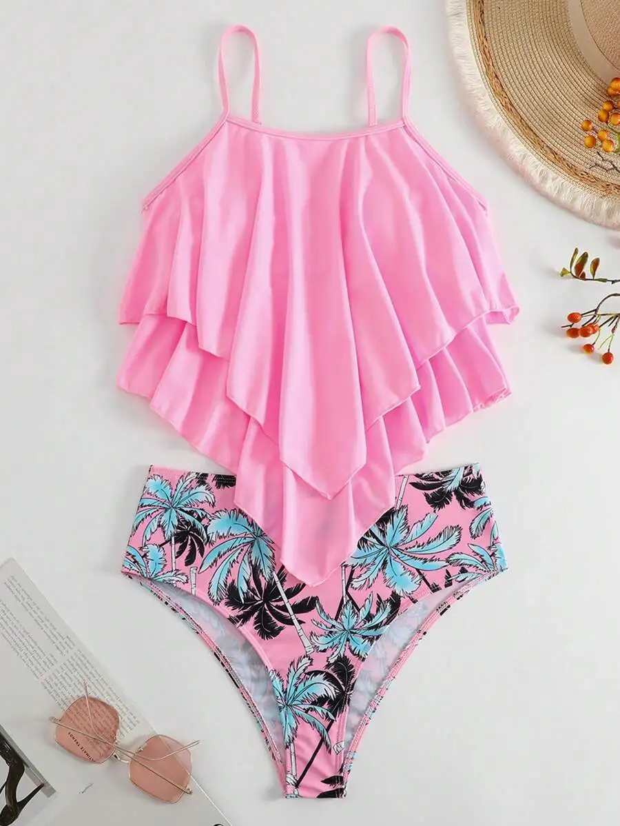 Womens Pink Layered Ruffle Top With Tropical Palm Print High-Waisted Bikini Bottom Set
Womens Pink Layered Ruffle Top With Tropical Palm Print High-Waisted Bikini Bottom Set