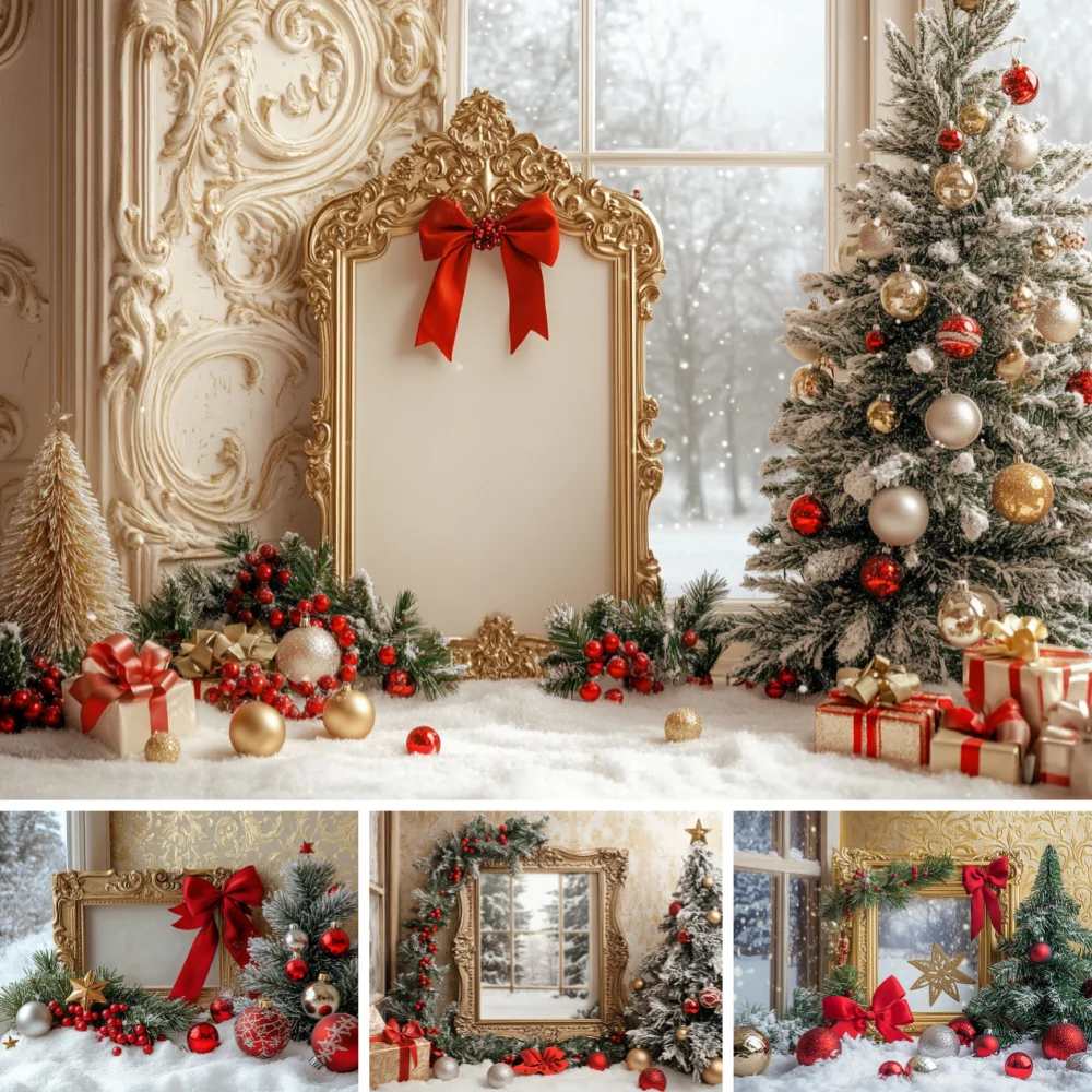 Golden Frame Red Bow Christmas Photo Backdrop Snow Flocked Xmas Tree Window Snow Scene Berry Gift Box Portrait Studio Background
Golden Frame Red Bow Christmas Photo Backdrop Snow Flocked Xmas Tree Window Snow Scene Berry Gift Box Portrait Studio Background