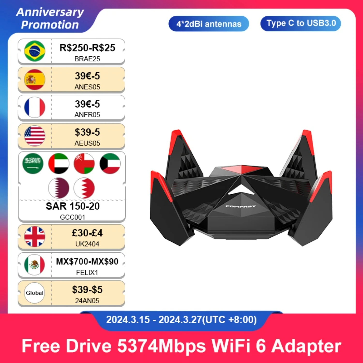 AX5400 USB-адаптер WiFi 6E 2,4G и 5G и 6G 5374 Мбит/с Высокоскоростной беспроводной ключ USB3.0 Type-C 802.11ax WiFi6 Игровая сетевая карта WPA3
AX5400 USB-адаптер WiFi 6E 2,4G и 5G и 6G 5374 Мбит/с Высокоскоростной беспроводной ключ USB3.0 Type-C 802.11ax WiFi6 Игровая сетевая карта WPA3