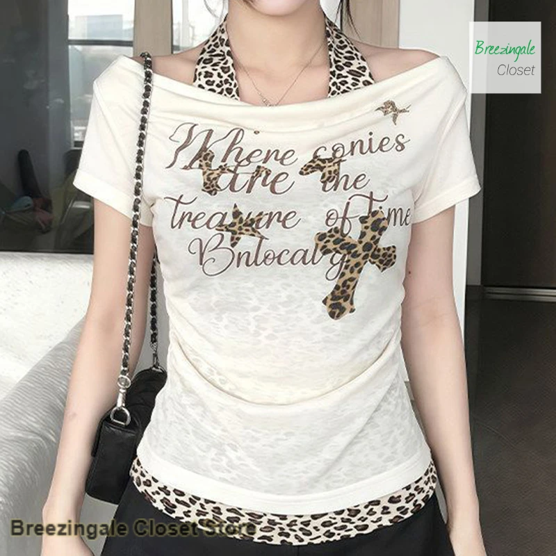 American Spice Girl Wind Fake Two Leopard Cross Neck T-shirts Women's new summer design feels slim and strapless casual tops.
American Spice Girl Wind Fake Two Leopard Cross Neck T-shirts Women's new summer design feels slim and strapless casual tops.