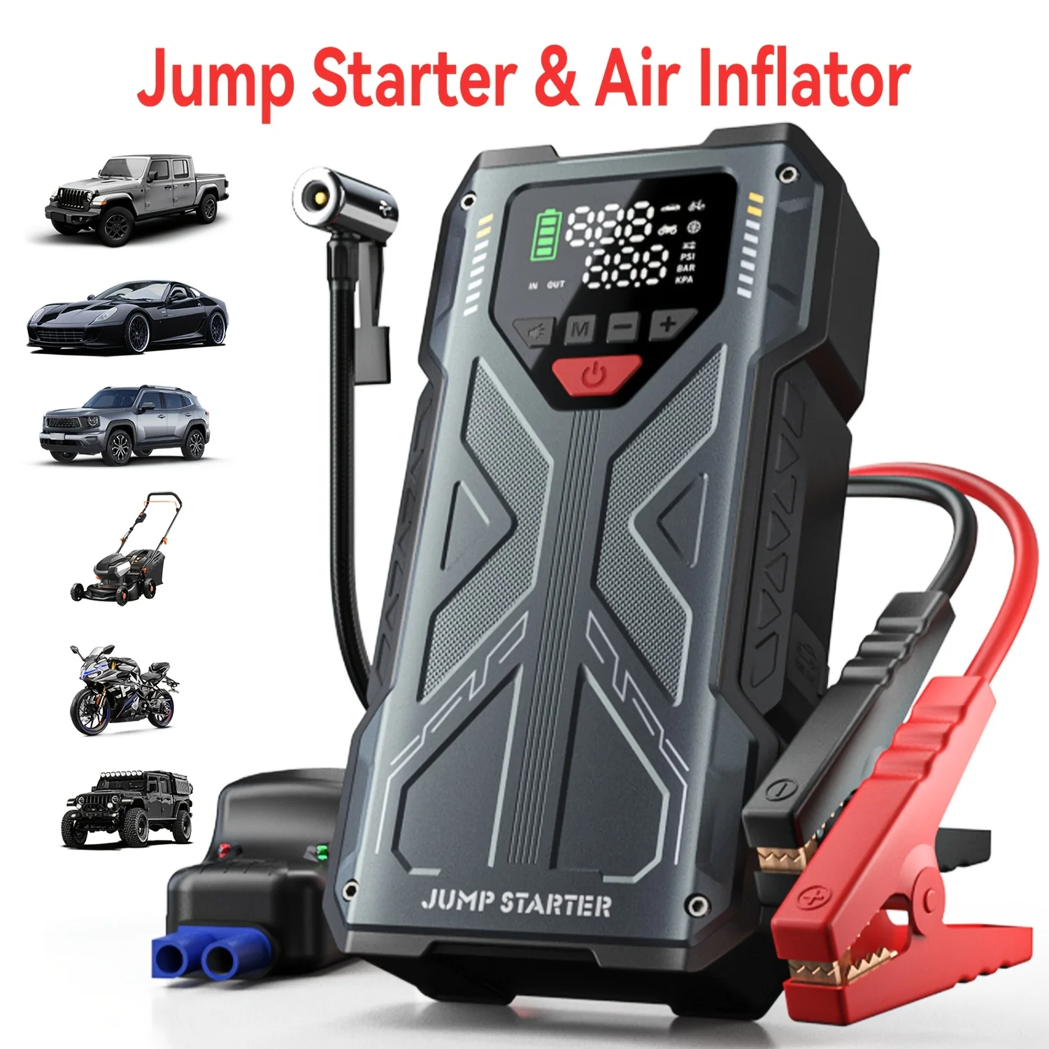 7-in-1 Portable Jump Starter With Air Compressor150PSI Digital Air Compressor, 12V Battery Booster For 2.38gal Gas/1.98gal Diesel Engines, Portable Car Jump Starter With Air Compressor, Fast Charge USB Ports & LED Emergency Light, Christmas Gifts
7-in-1 Portable Jump Starter With Air Compressor150PSI Digital Air Compressor, 12V Battery Booster For 2.38gal Gas/1.98gal Diesel Engines, Portable Car Jump Starter With Air Compressor, Fast Charge USB Ports & LED Emergency Light, Christmas Gifts