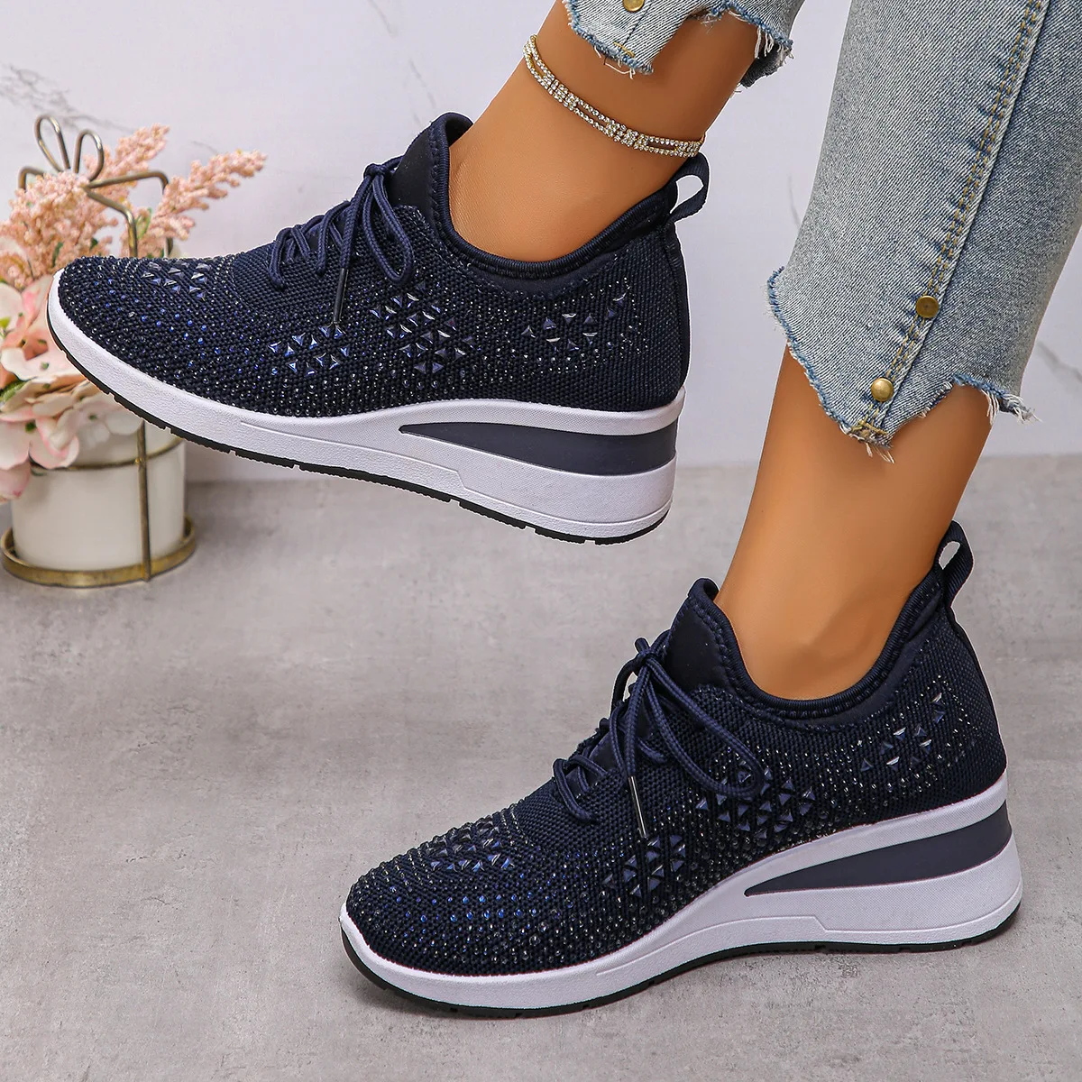 Women's Sneakers Shiny Rhinestone Wedge Breathable Knit Non Slip Walking Shoes Woman Plus Size Fashion Thick Sole White Sneaker
Women's Sneakers Shiny Rhinestone Wedge Breathable Knit Non Slip Walking Shoes Woman Plus Size Fashion Thick Sole White Sneaker