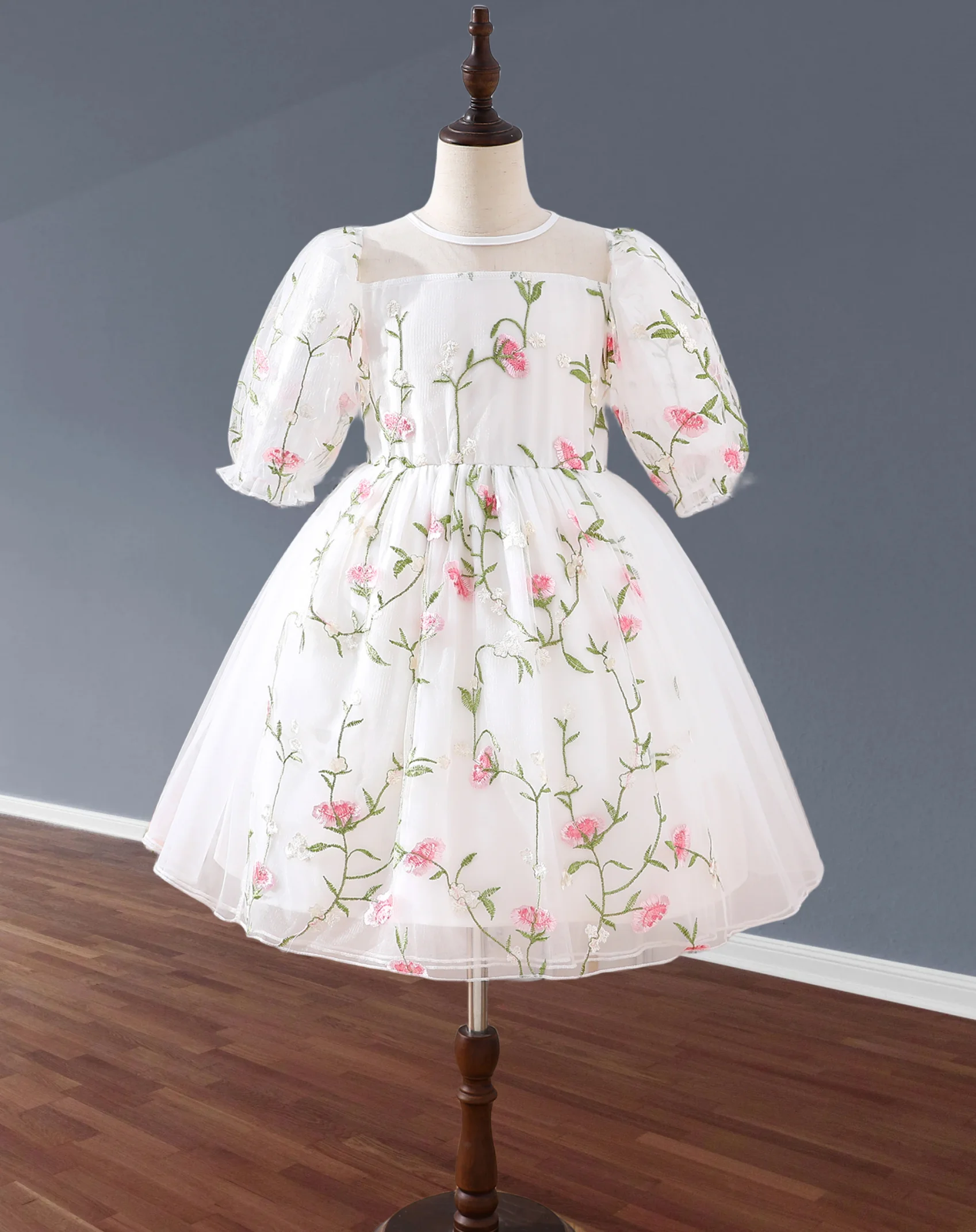 Girls' exquisite floral embroidered dress - transparent puff sleeves and fluffy skirt design
Girls' exquisite floral embroidered dress - transparent puff sleeves and fluffy skirt design