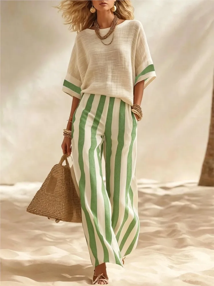 Summer New Striped Print Short-sleeved Trousers 2-piece Set Women Fashion Pocket Wide-leg Trousers Female Casual Vacation Suits
Summer New Striped Print Short-sleeved Trousers 2-piece Set Women Fashion Pocket Wide-leg Trousers Female Casual Vacation Suits