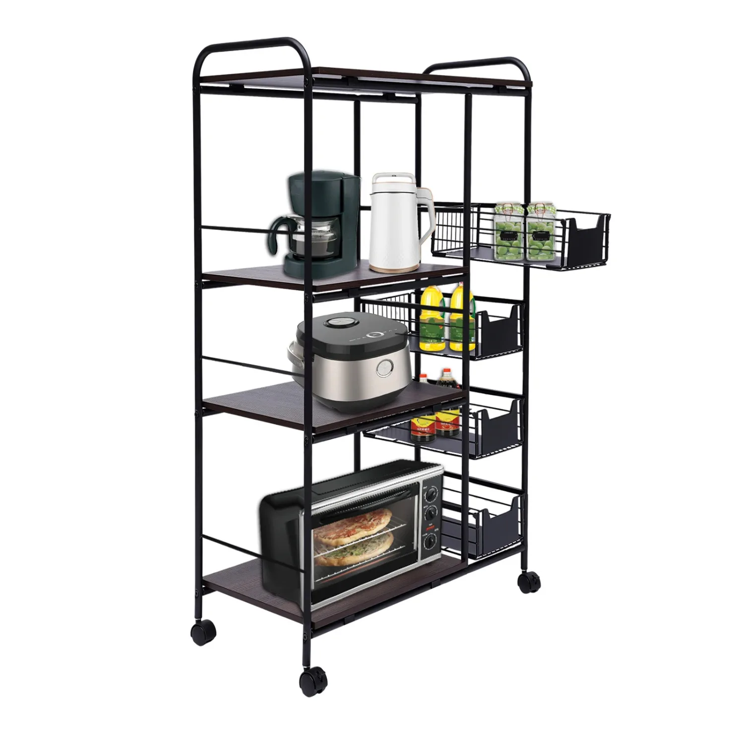 4 Tier Storage Rack w/360° Swivel Wheels, Black Kitchen Bakers Rack w/ 220 Lbs Load-Bearing Capacity, Free Standing Storage Cart
4 Tier Storage Rack w/360° Swivel Wheels, Black Kitchen Bakers Rack w/ 220 Lbs Load-Bearing Capacity, Free Standing Storage Cart