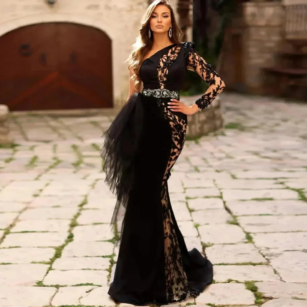 Exquisite Black Mermaid Tulle Evening Dress Customized One Shoulder Appliques Lace Formal Party Gowns فساتين سهرات
Exquisite Black Mermaid Tulle Evening Dress Customized One Shoulder Appliques Lace Formal Party Gowns فساتين سهرات