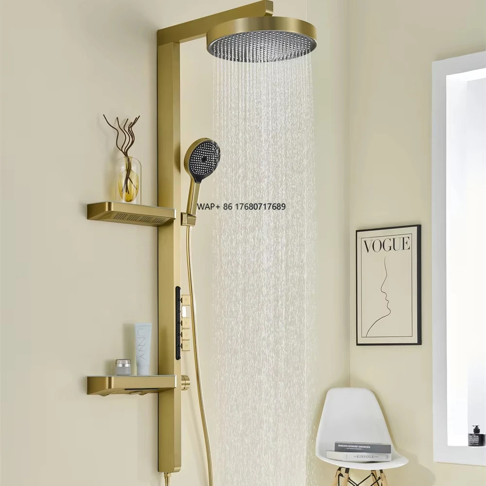 MYN Luxury Brush Gold Bathroom LED Display Piano Key Shower Set With Shelves
MYN Luxury Brush Gold Bathroom LED Display Piano Key Shower Set With Shelves