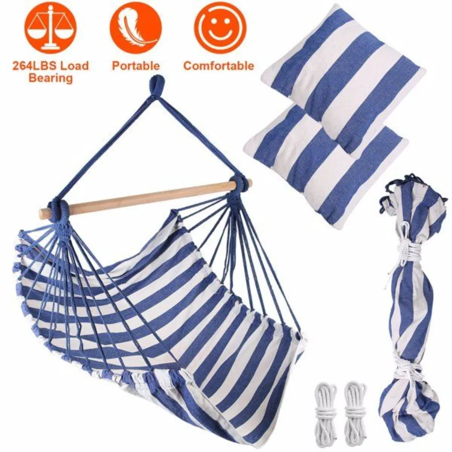 Hammock Hanging Chair Canvas Porch Patio Swing Seat Portable Camping Rope Seat Wooden Stick Hammock Chair with 2 Pillows 265LBS
Hammock Hanging Chair Canvas Porch Patio Swing Seat Portable Camping Rope Seat Wooden Stick Hammock Chair with 2 Pillows 265LBS