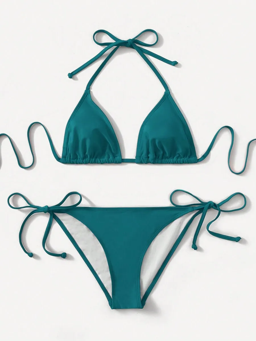 Solid Color Halter Tie Side Bikini Set For Women Summer Beach Swimwear
Solid Color Halter Tie Side Bikini Set For Women Summer Beach Swimwear