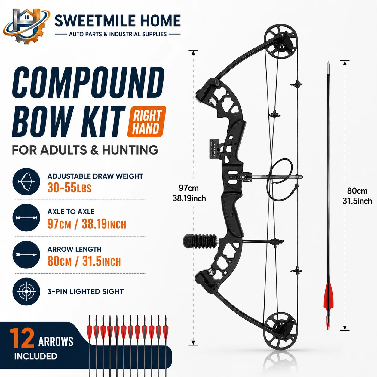 Right Hand Compound Bow and Archery Bow Kit for Adults, 30-55lbs Adjustable Draw Weight Hunting Bow Set with 3-Pin Lighted Sight and 12 Arrows
Right Hand Compound Bow and Archery Bow Kit for Adults, 30-55lbs Adjustable Draw Weight Hunting Bow Set with 3-Pin Lighted Sight and 12 Arrows