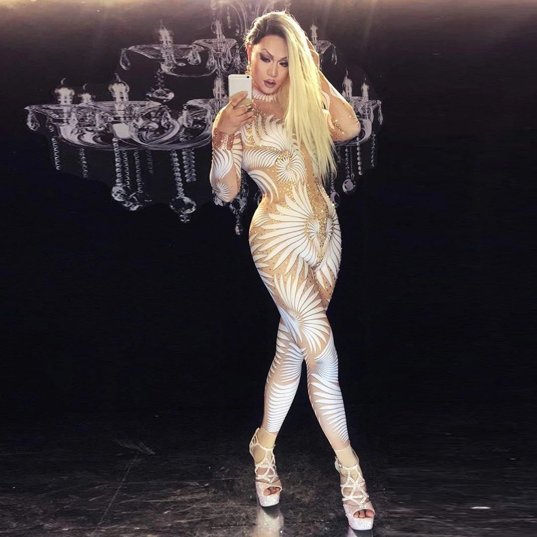 Sexy Pattern Rhinestones Jumpsuit for Women Nightclub White Elastic Tights Crystal Rompers Singer Dancer Bodysuit Outfits
Sexy Pattern Rhinestones Jumpsuit for Women Nightclub White Elastic Tights Crystal Rompers Singer Dancer Bodysuit Outfits