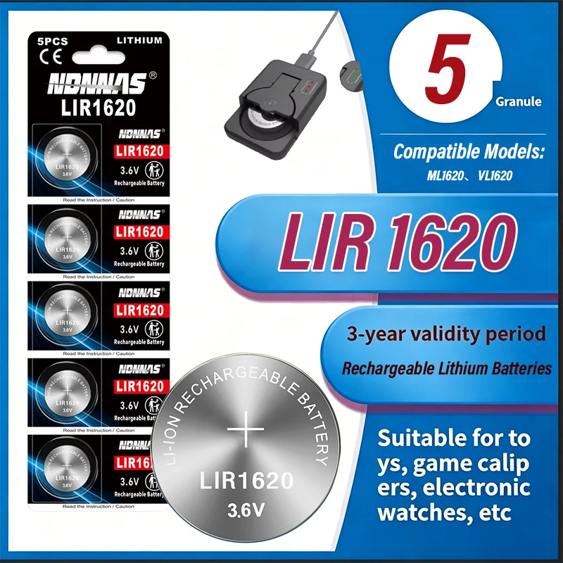 LIR1620 Rechargeable Lithium Button Battery 3.6V 30mAh Batteries EquivalentCR1620 ML1620 VL1620 For Car Key Watch Remote Control
LIR1620 Rechargeable Lithium Button Battery 3.6V 30mAh Batteries EquivalentCR1620 ML1620 VL1620 For Car Key Watch Remote Control