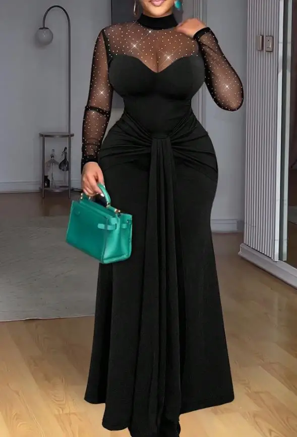 Womens Dresses Rhinestone Decor Mock Neck Mesh Yoke Zipper Back Party Dress Cinched Waist Draped Mermaid Hem Maxi Evening Dress
Womens Dresses Rhinestone Decor Mock Neck Mesh Yoke Zipper Back Party Dress Cinched Waist Draped Mermaid Hem Maxi Evening Dress