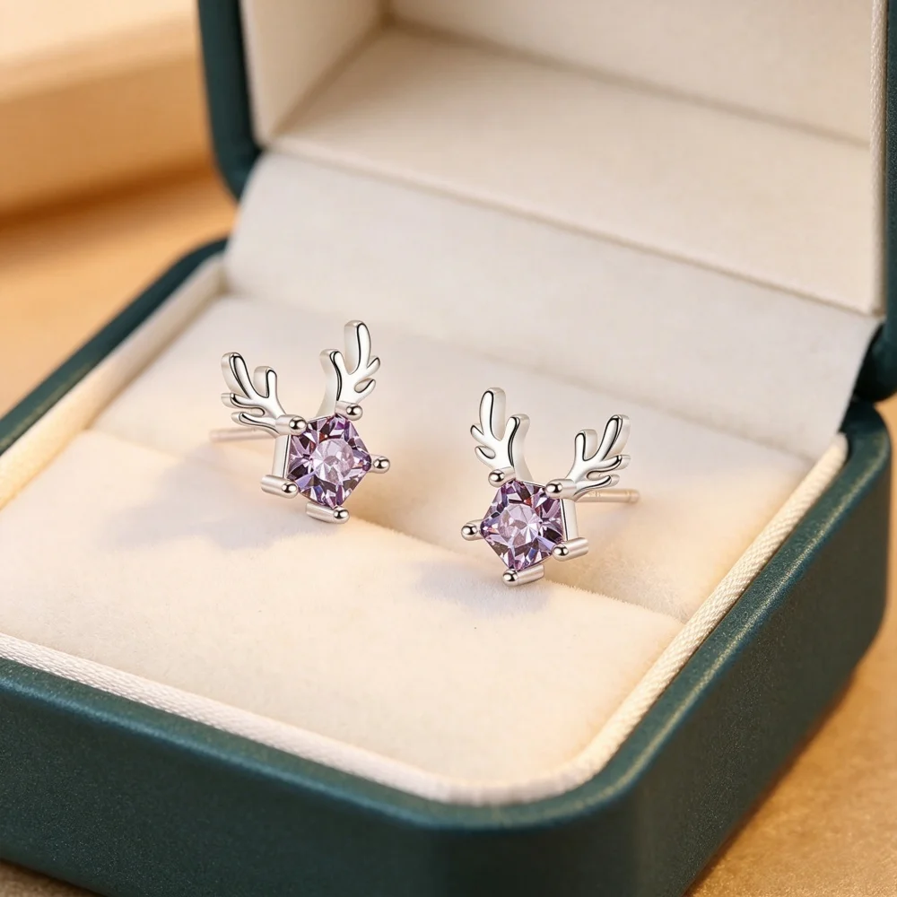 Trendy 925 Sterling Silver Reindeer Antler Stud Earrings for Girls Purple & Clear CZ Crystal Delicate Animal Earrings
Trendy 925 Sterling Silver Reindeer Antler Stud Earrings for Girls Purple & Clear CZ Crystal Delicate Animal Earrings