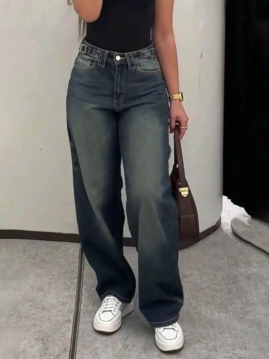 Womens Medium Wash Mid-Rise Straight Leg Boyfriend Jeans With Adjustable Waist Belt
Womens Medium Wash Mid-Rise Straight Leg Boyfriend Jeans With Adjustable Waist Belt