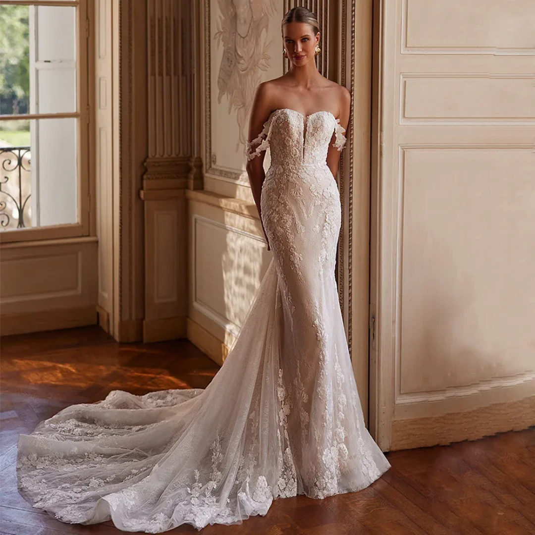 Customized Exquisite Lace Sexy Mermaid Wedding Dress Off Shoulder Sweetheart Sequined Applique Court Bridal Gown Vestidos De Nov
Customized Exquisite Lace Sexy Mermaid Wedding Dress Off Shoulder Sweetheart Sequined Applique Court Bridal Gown Vestidos De Nov