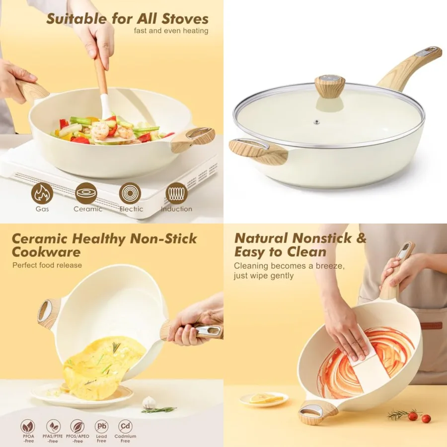 Ceramic Nonstick Frying Pan Skillet with Lid, 13.3 Inch Large Deep Frying Pan, 6 Qt Saute Pan, Induction Pan, Healthy Non Toxic
Ceramic Nonstick Frying Pan Skillet with Lid, 13.3 Inch Large Deep Frying Pan, 6 Qt Saute Pan, Induction Pan, Healthy Non Toxic