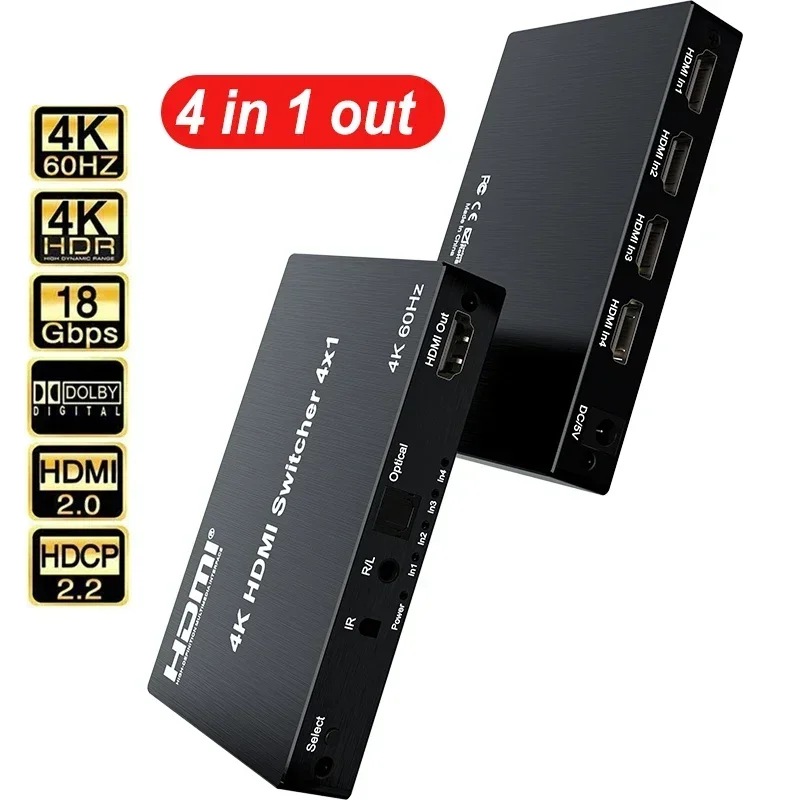 4K 60hz HDMI Switch 4x1 HDMI 2.0 Video Converter 4 In 1 Out W/ 3.5mm Speaker Optical Fiber Audio Extractor for PS4 Ps5 PC To TV
4K 60hz HDMI Switch 4x1 HDMI 2.0 Video Converter 4 In 1 Out W/ 3.5mm Speaker Optical Fiber Audio Extractor for PS4 Ps5 PC To TV
