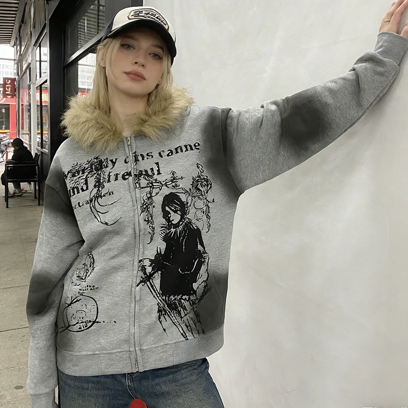 Japanese Korean Casual Long Sleeve Hoodie Subculture Rebellious Girl Fur Collar Loose Streetwear Autumn Winter Cartoon Print Top
Japanese Korean Casual Long Sleeve Hoodie Subculture Rebellious Girl Fur Collar Loose Streetwear Autumn Winter Cartoon Print Top