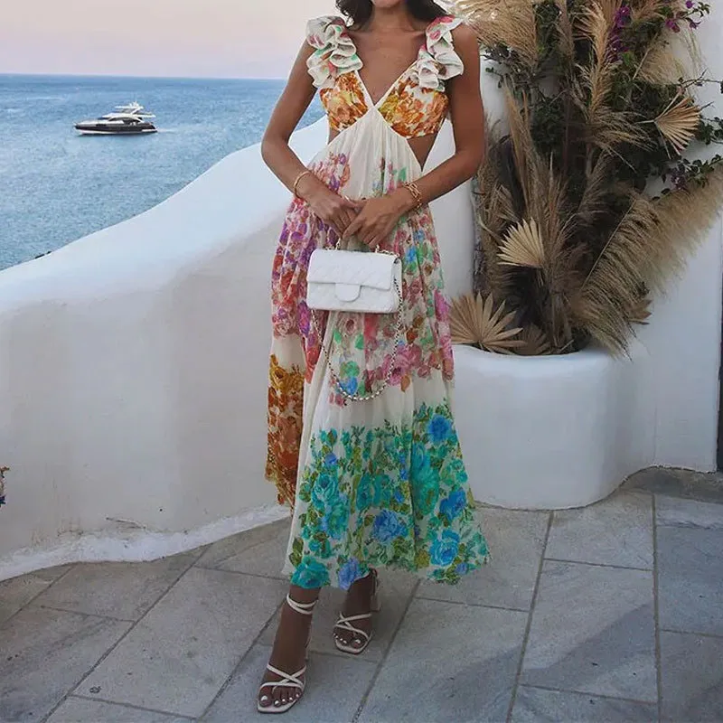 Elegant Temperament Holiday Ruffles Dress Sexy Floral Print Sleeveless Long Dress Women V Neck High Waist Hollow Out Party Dress
Elegant Temperament Holiday Ruffles Dress Sexy Floral Print Sleeveless Long Dress Women V Neck High Waist Hollow Out Party Dress
