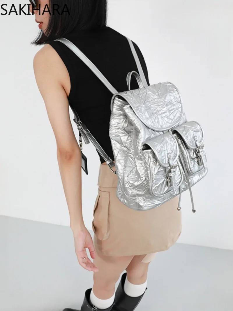 School Backpack for College Students Solid Color Pleated Silver Large Capacity Drawstring Designer PU Solid Mochilas Para Mujer
School Backpack for College Students Solid Color Pleated Silver Large Capacity Drawstring Designer PU Solid Mochilas Para Mujer