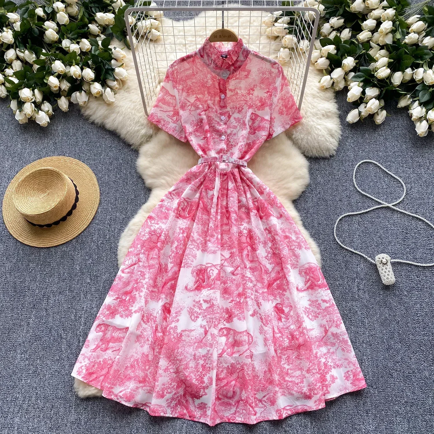 Casual Women Fashion summer lool sweet dresses French Vintage o-neck Print short Sleeves Single Breasted Dress
Casual Women Fashion summer lool sweet dresses French Vintage o-neck Print short Sleeves Single Breasted Dress