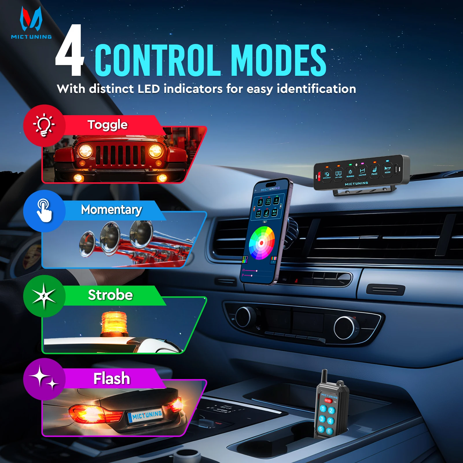 MICTUNING MS-R RGB 4/6 Gang Switch Panel with APP & Remote Control 230FT Range 12V/24V Toggle Momentary Strobe Flash for Car
MICTUNING MS-R RGB 4/6 Gang Switch Panel with APP & Remote Control 230FT Range 12V/24V Toggle Momentary Strobe Flash for Car