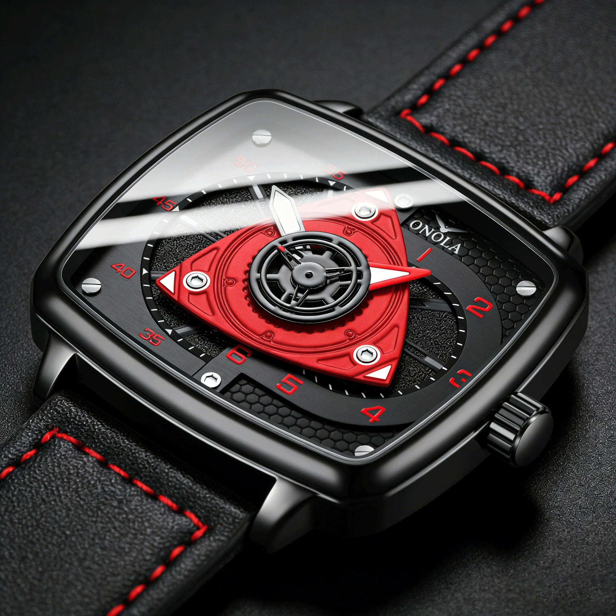 ONOLA Men's Quartz Watch Black Red Racing Style Square Dial Watch Black Leather Strap Waterproof Night Light Fashion Watch
ONOLA Men's Quartz Watch Black Red Racing Style Square Dial Watch Black Leather Strap Waterproof Night Light Fashion Watch