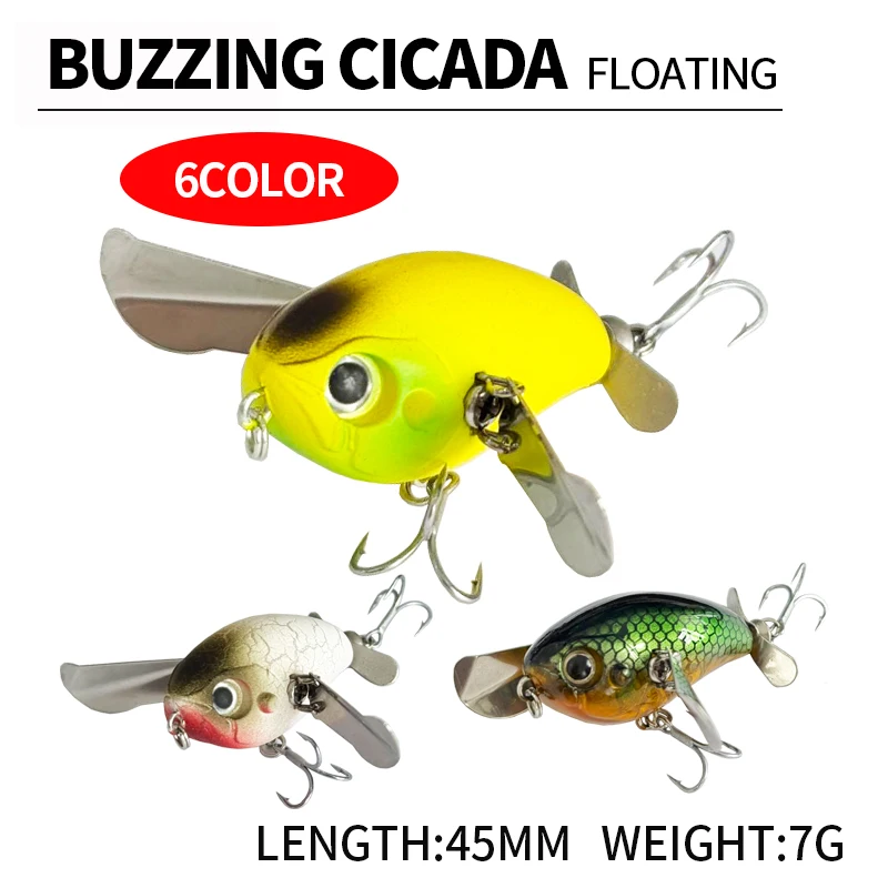 Buzzing Cicada Topwater Lure 45mm 7g Floating Hard Bait with Rattling Metal Wings Propeller for Predator Fish Bass Pike supplies
Buzzing Cicada Topwater Lure 45mm 7g Floating Hard Bait with Rattling Metal Wings Propeller for Predator Fish Bass Pike supplies
