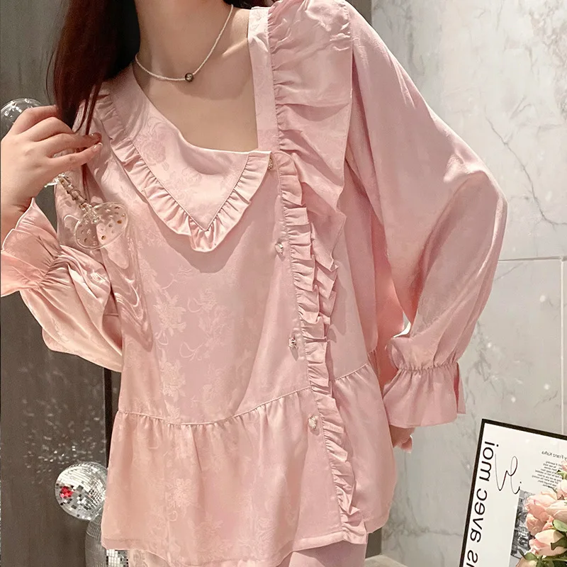 Ruffles Lapel Jacquard Satin Sleepwear Women Nightwear Homewear 2Pcs Top Trousers Set Long Sleeve Pajamas
Ruffles Lapel Jacquard Satin Sleepwear Women Nightwear Homewear 2Pcs Top Trousers Set Long Sleeve Pajamas
