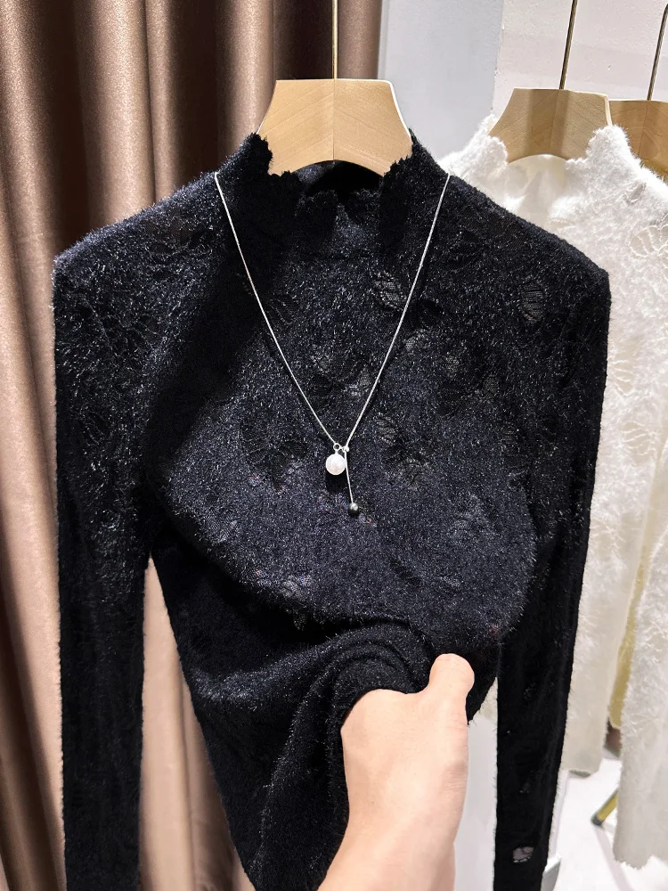 Ele European Sle Lace Base irt Women's Spring Wave f High Collar Inner Wear Fce Thiened Top
Ele European Sle Lace Base irt Women's Spring Wave f High Collar Inner Wear Fce Thiened Top