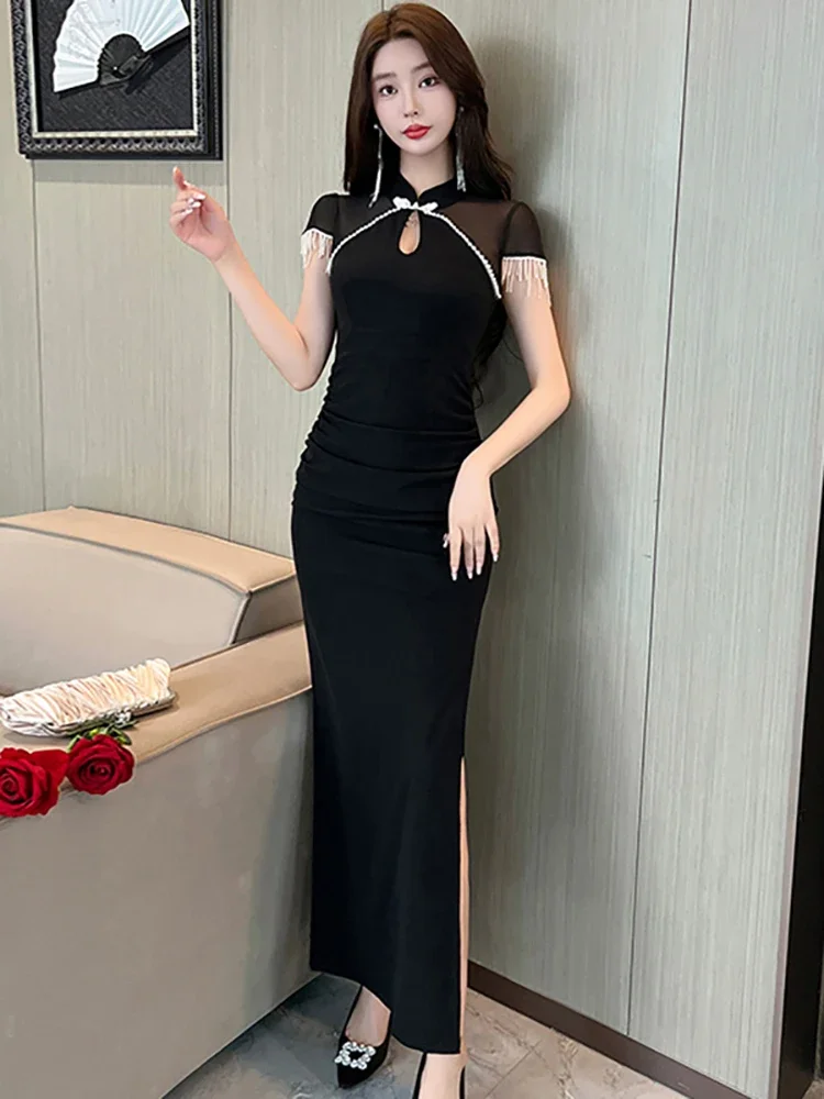 Women Elegant Diamonds Tassel Short Sleeve Robe 2025 Korean Vintage Luxury Cheongsam Dress Summer Red Patchwork Sheer Sexy Dress
Women Elegant Diamonds Tassel Short Sleeve Robe 2025 Korean Vintage Luxury Cheongsam Dress Summer Red Patchwork Sheer Sexy Dress