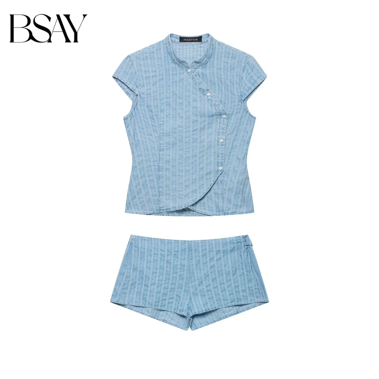 BSAY Summer New Chinese Style Striped Double-Breasted Blouse And Mini Shorts Set Retro Slim Fit 2-Piece Summer Outfit For Women
BSAY Summer New Chinese Style Striped Double-Breasted Blouse And Mini Shorts Set Retro Slim Fit 2-Piece Summer Outfit For Women