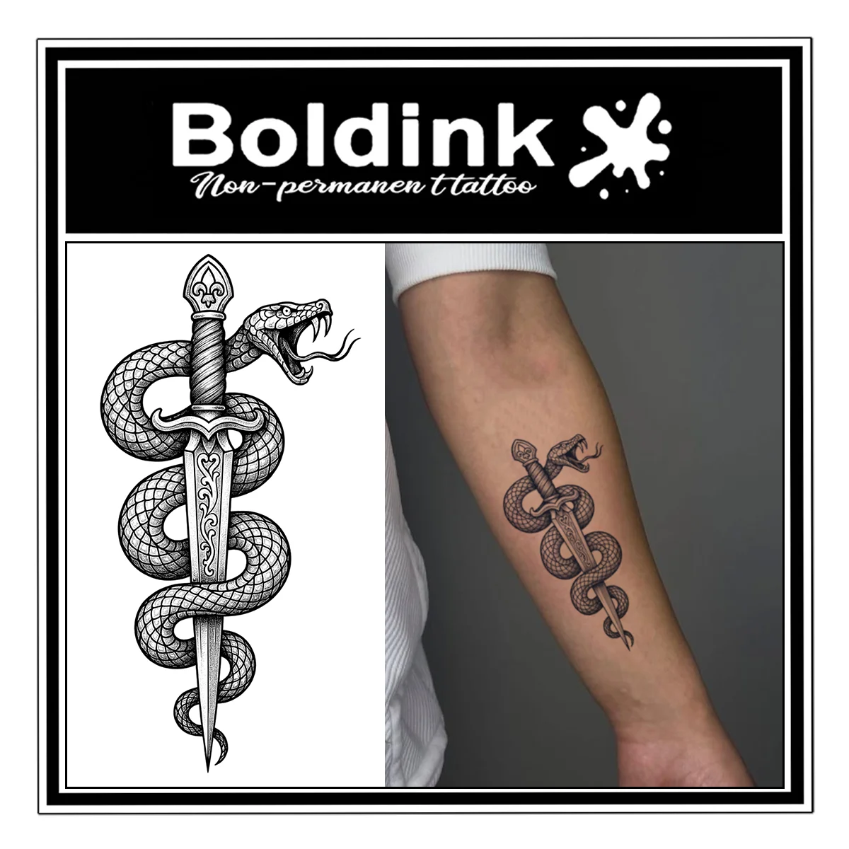 Наклейка-тату BOLDINK в темном стиле: змея, обвивающая меч. Унисекс, стильная, легко наносится, водостойкая, держится 1-2 недели.
Наклейка-тату BOLDINK в темном стиле: змея, обвивающая меч. Унисекс, стильная, легко наносится, водостойкая, держится 1-2 недели.