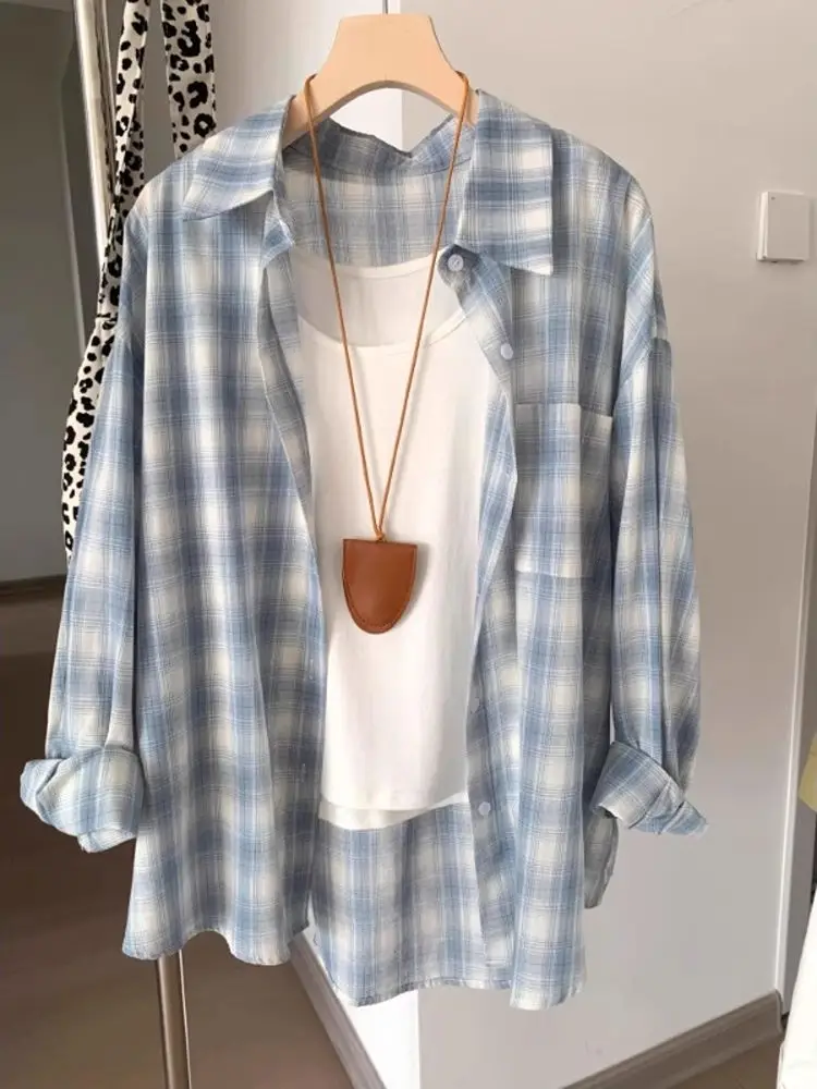 Loose Korean Style Blue Plaid Shirt Women's Summer Long Sleeve Thin Sun Protection Cover up Outerwear Casual Lazy Style
Loose Korean Style Blue Plaid Shirt Women's Summer Long Sleeve Thin Sun Protection Cover up Outerwear Casual Lazy Style