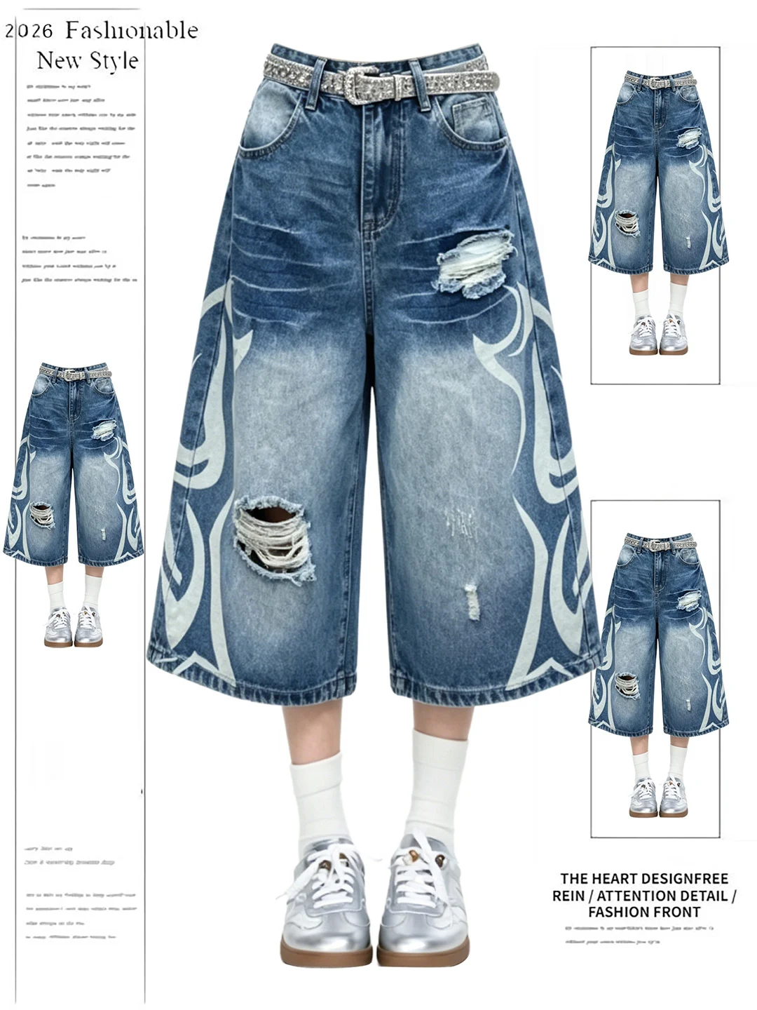 American Style Vintage Ripped Seven-Quarter Length Women's Jeans High Waist Wide Leg Shorts Casual Comfortable Blue Denim
American Style Vintage Ripped Seven-Quarter Length Women's Jeans High Waist Wide Leg Shorts Casual Comfortable Blue Denim