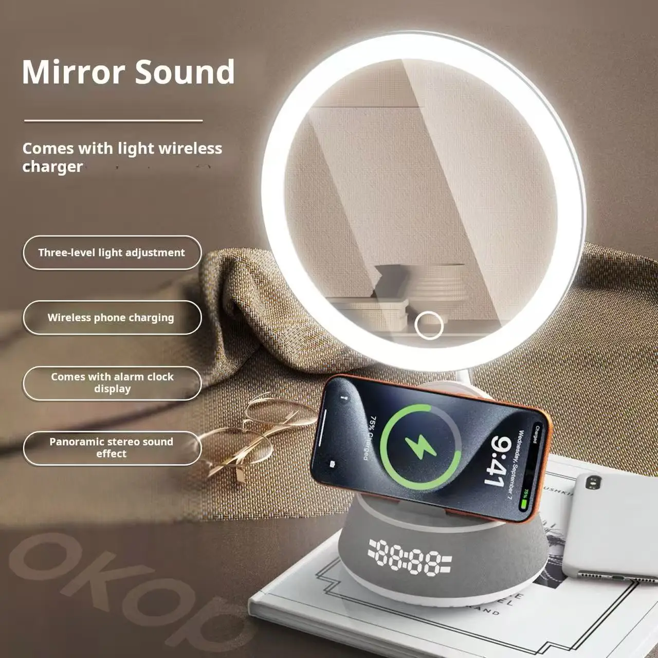 New KP-856 Mirror Intelligent Magnetic Wireless Charging with Light Makeup Mirror Wireless Bluetooth Speaker Clock Alarm Clock
New KP-856 Mirror Intelligent Magnetic Wireless Charging with Light Makeup Mirror Wireless Bluetooth Speaker Clock Alarm Clock