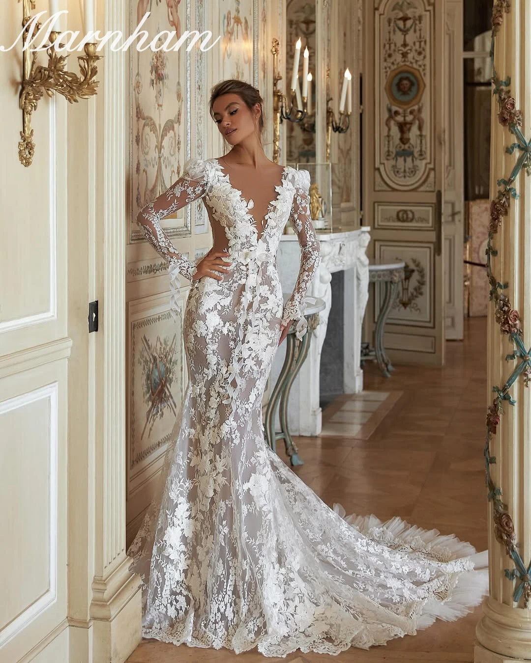 Marnham V Neck Pleat Bride Robe Illusion Mermaid Bridal Dress Sexy Pearls Wedding Gown Customized Vestido De Novia Court Train
Marnham V Neck Pleat Bride Robe Illusion Mermaid Bridal Dress Sexy Pearls Wedding Gown Customized Vestido De Novia Court Train