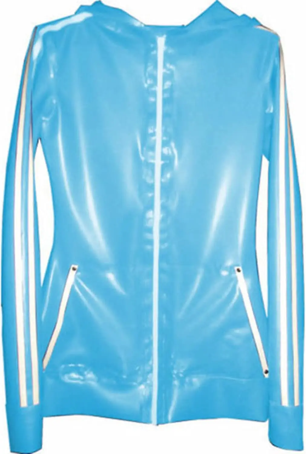 Rubber Top Latex Unisex Light Blue and White Stripes with Zipper Hooded Coat
Rubber Top Latex Unisex Light Blue and White Stripes with Zipper Hooded Coat