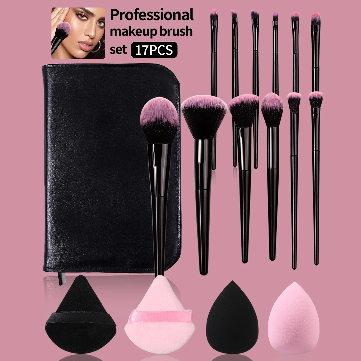 17PCS Professional Makeup Brush Set with Bag,Powder Puffs&2 Beauty Sponges,All-in-One Kit,Complete Set for Full-Face&Eye Makeup
17PCS Professional Makeup Brush Set with Bag,Powder Puffs&2 Beauty Sponges,All-in-One Kit,Complete Set for Full-Face&Eye Makeup