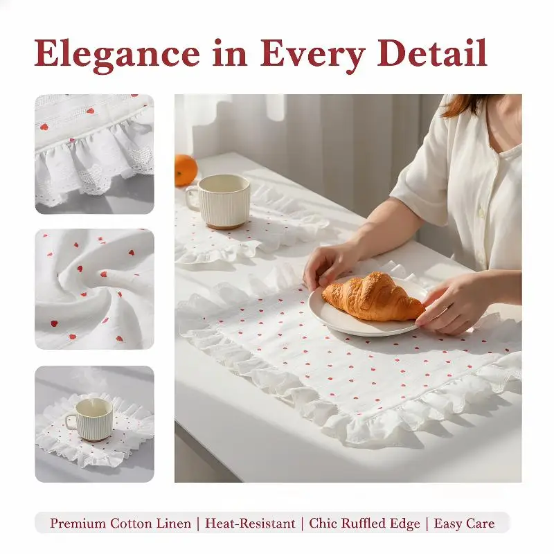 Heart Shape Lace Placemats Ruffles Table Napkins for Wedding Party Home Dining Room Elegant Decorative Table Accessories
Heart Shape Lace Placemats Ruffles Table Napkins for Wedding Party Home Dining Room Elegant Decorative Table Accessories