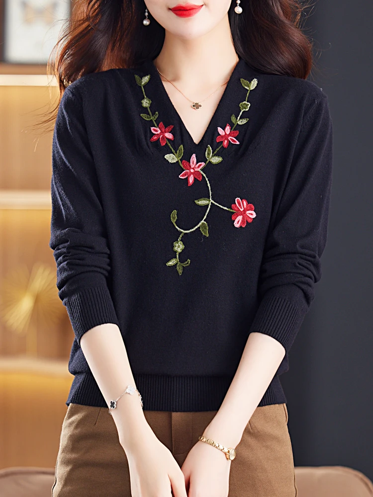 Floral Embroidery Sweaters Autumn Spring V Neck Knitwears Pullover Pull Femme Female Casual Jumper Long Sleeve Women's Sweater
Floral Embroidery Sweaters Autumn Spring V Neck Knitwears Pullover Pull Femme Female Casual Jumper Long Sleeve Women's Sweater