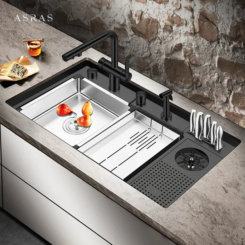 ASRAS Cup Rinser Stepped Kitchen Sink Large Size Nanometer 304 Stainless Steel 4mm Thickness Handmade Sinks With Knife Holder
ASRAS Cup Rinser Stepped Kitchen Sink Large Size Nanometer 304 Stainless Steel 4mm Thickness Handmade Sinks With Knife Holder