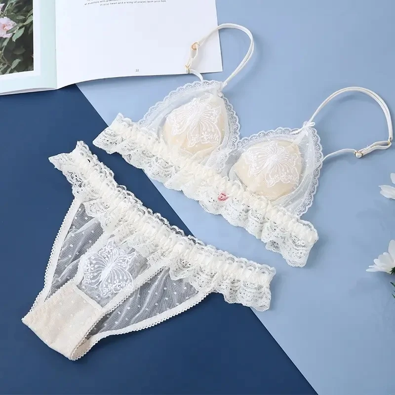 New Sweet Cute Girl Wire Free Bra Panties French Underwear Lace Butterfly Embroidery Triangle Cup Bra Set
New Sweet Cute Girl Wire Free Bra Panties French Underwear Lace Butterfly Embroidery Triangle Cup Bra Set