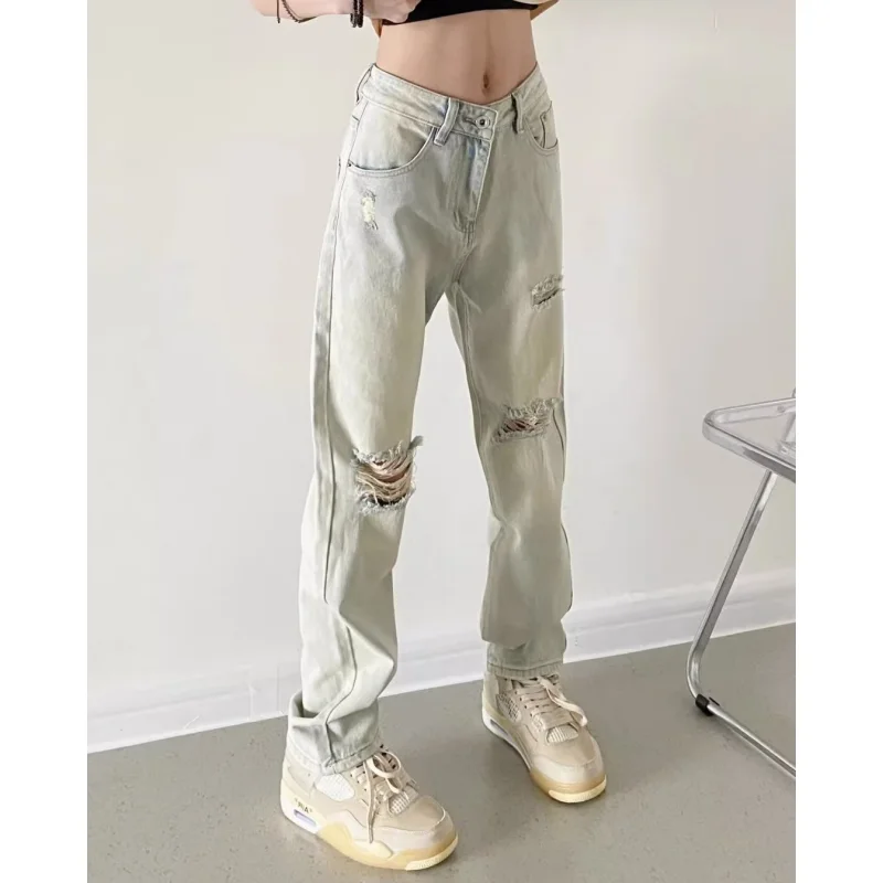Women Blue Jeans Worn-out High Waist American Street Wide Leg Pants Fashion Streetwear Vintage Straight Y2K Summer Trousers
Women Blue Jeans Worn-out High Waist American Street Wide Leg Pants Fashion Streetwear Vintage Straight Y2K Summer Trousers