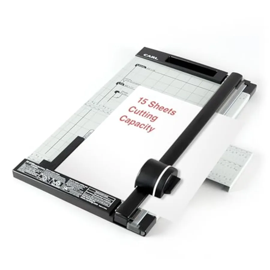 Professional Rotary Paper Trimmer for office use, aluminum and steel construction, black and silver finish, precise 15-sheet cu
Professional Rotary Paper Trimmer for office use, aluminum and steel construction, black and silver finish, precise 15-sheet cu