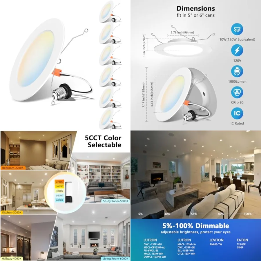 Recessed Lighting 6 Inch, Recessed Lights Color Selectable 2700/3000/4000/5000/6000K 5CCT, 10W 120W Equivalent Dimmable LED Can
Recessed Lighting 6 Inch, Recessed Lights Color Selectable 2700/3000/4000/5000/6000K 5CCT, 10W 120W Equivalent Dimmable LED Can